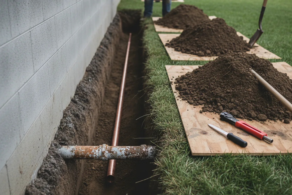 Excavated water line trench during Sewer Line Repair in Owasso